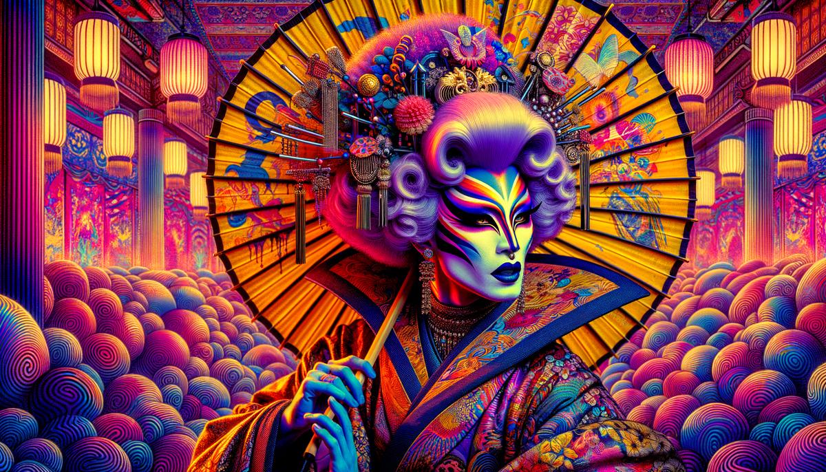 A stylized portrait of Eddie, the drag queen protagonist from Funeral Parade of Roses, in a vibrant Tokyo club setting