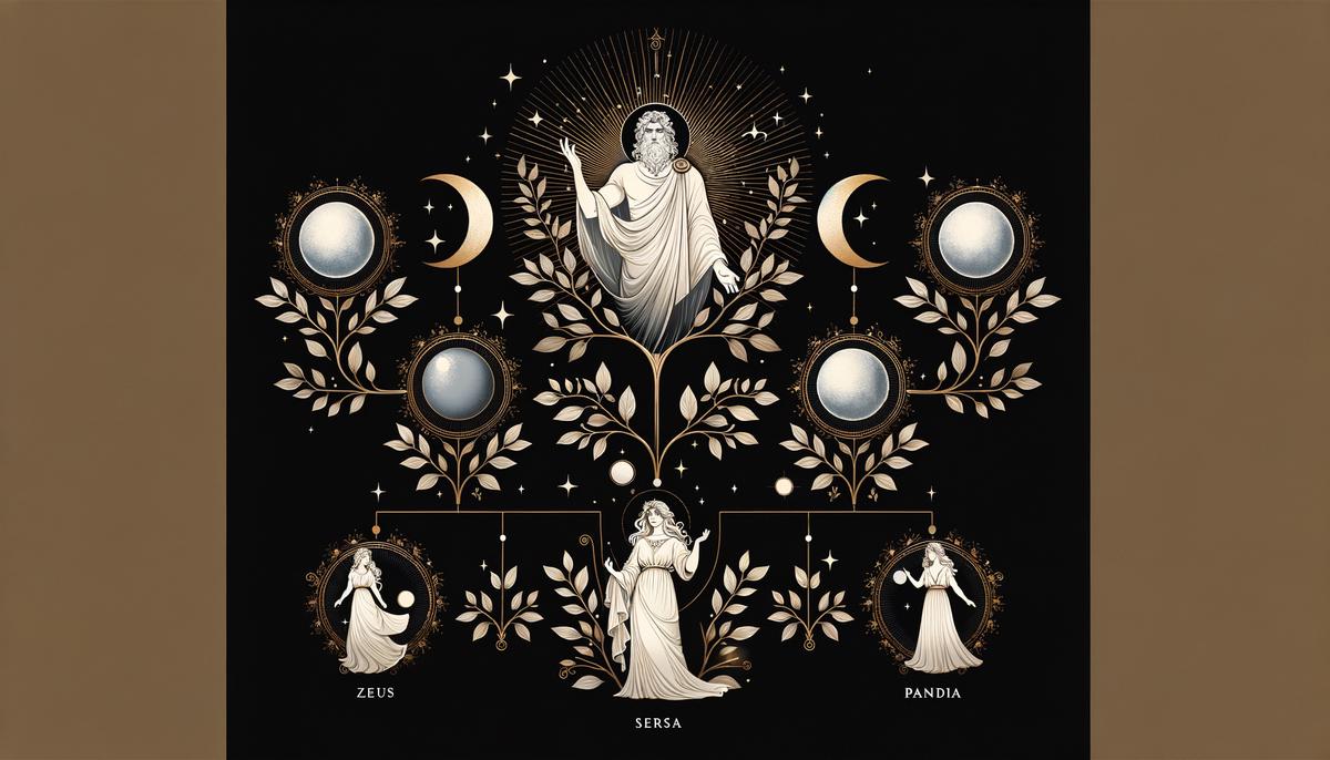 A stylized representation of Ersa's divine family tree, featuring Zeus, Selene, and her sister Pandia
