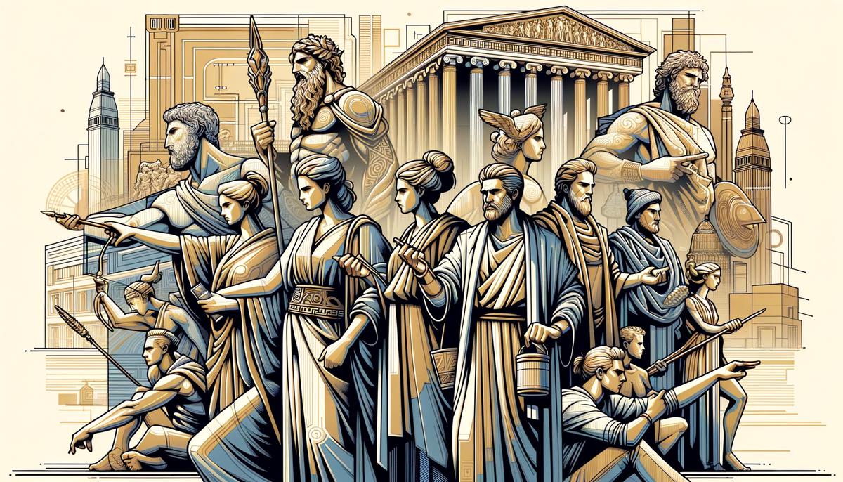 A stylized representation of Greek gods and heroes in modern attire, referencing the Netflix show KAOS