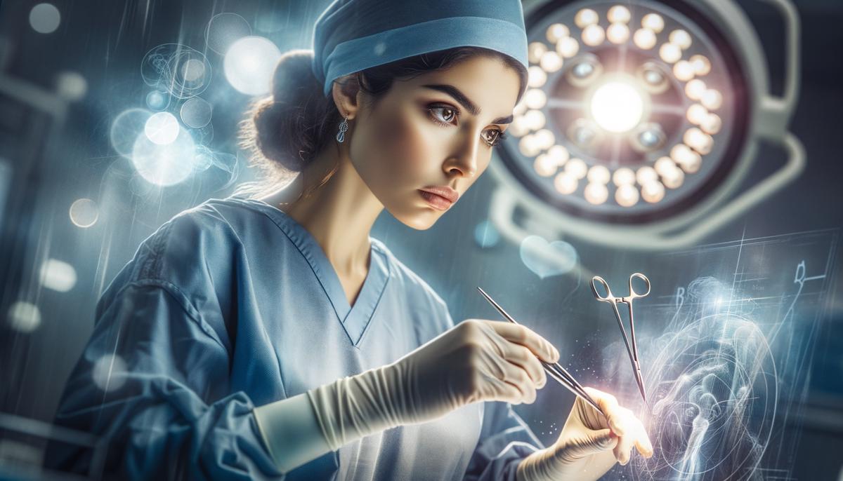 A surgeon in scrubs invoking Aceso's metaphysical essence while performing a procedure