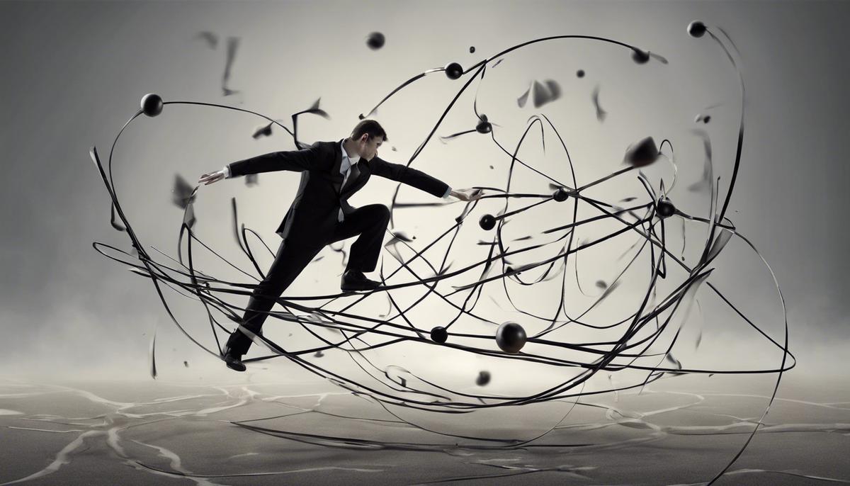 A symbolic representation of a person balancing the forces of chaos and order in their life