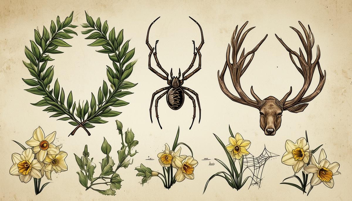 A symbolic representation of Greek mythological transformations, featuring a laurel branch, a spider web, a stag's antlers, and narcissus flowers