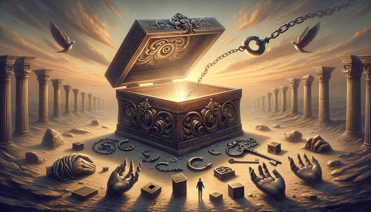 A symbolic representation of Pandora's Box with various elements representing curiosity, disobedience, trust, and hope