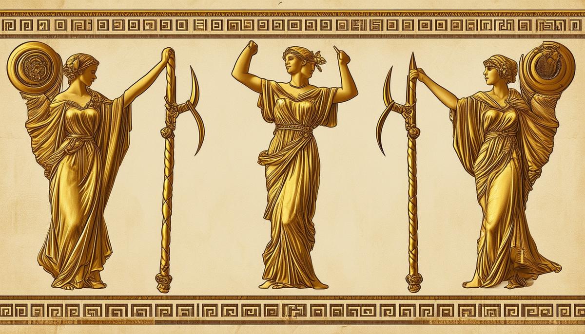A symbolic representation of The Moirai, the three Fates from Greek mythology, featuring their iconic tools - a spindle for Clotho, a measuring rod for Lachesis, and shears for Atropos - arranged together. The tools are adorned with classical Greek patterns and appear to be made of gold, emphasizing their divine significance as instruments of fate.