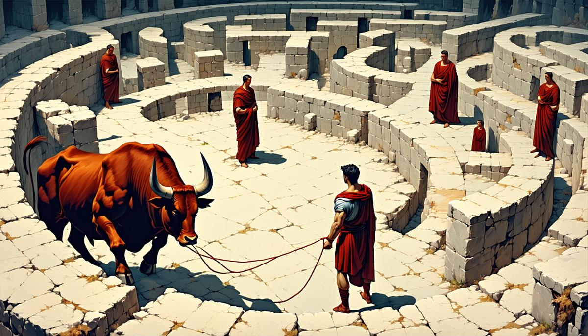 A symbolic representation of Theseus facing the Minotaur in the Labyrinth, with Ariadne's thread guiding the way