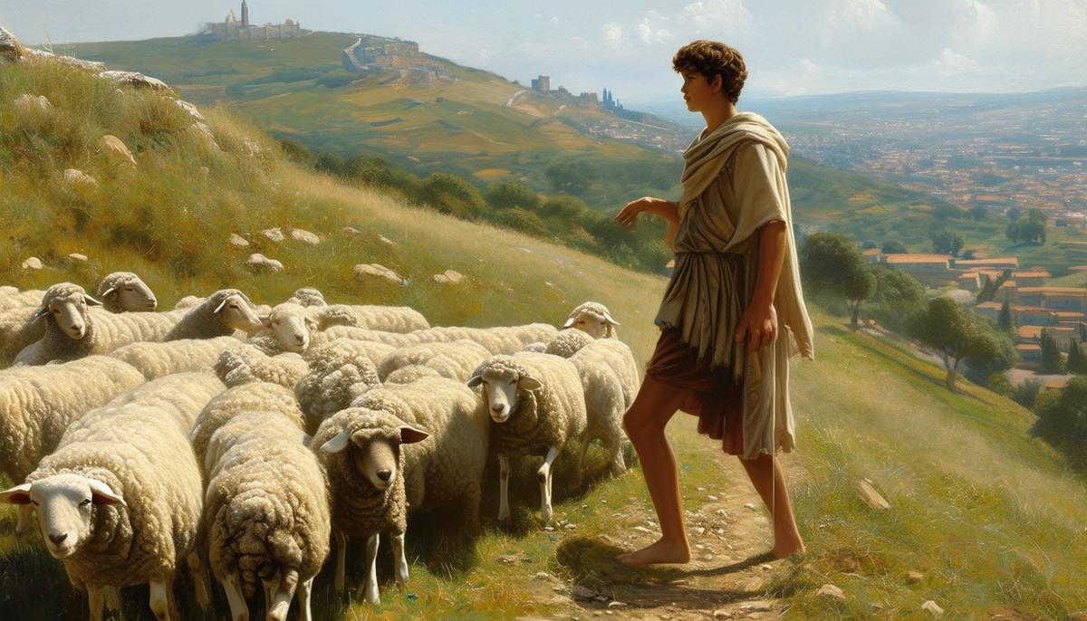 A teenage Paris as a shepherd boy tending to his flock of sheep in the hills of Troy