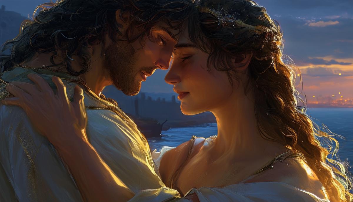 A tender, intimate scene of Hero and Leander meeting in secret at night, their faces filled with love and longing as they embrace, the Hellespont strait visible in the background.