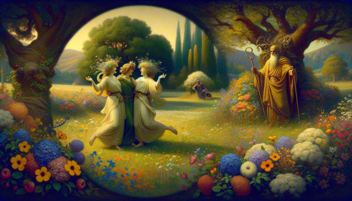 A tender moment of reunion between Demeter and Persephone in a flowering meadow