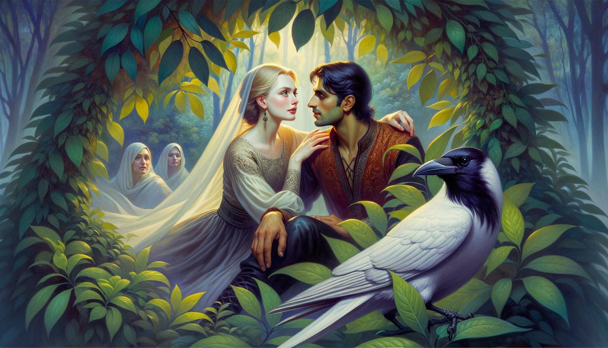 A tense scene showing Coronis secretly meeting with Ischys while a white crow watches from a nearby tree.