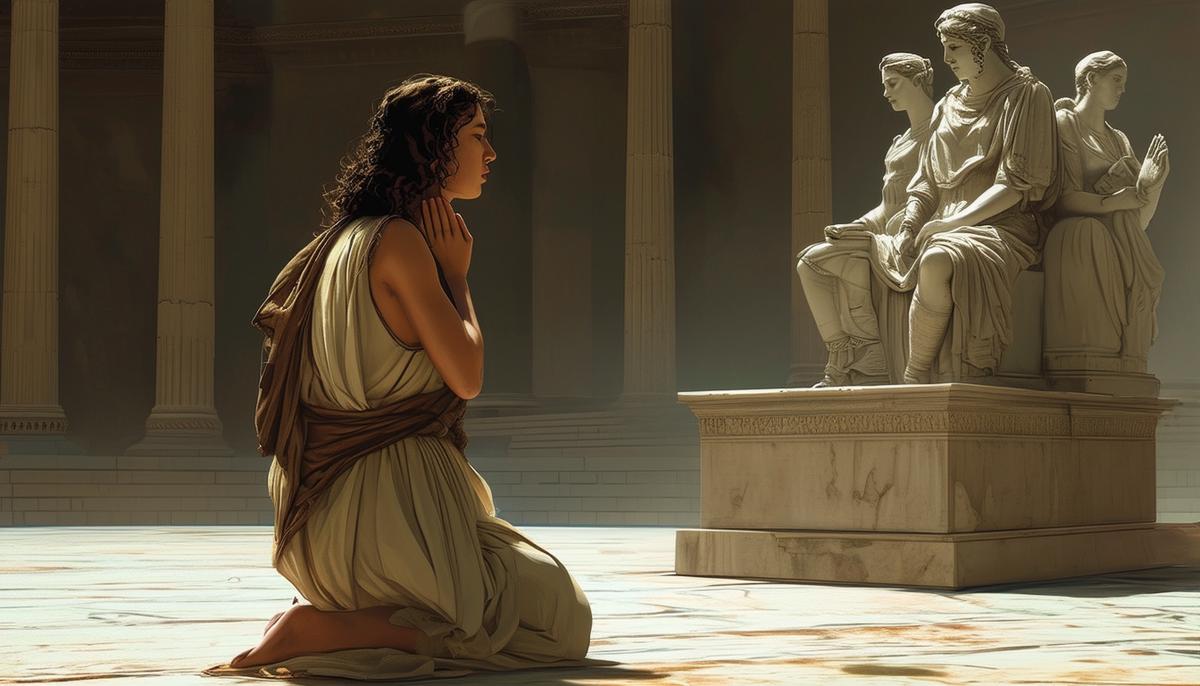 A thought-provoking, high-resolution photograph of Antigone, a young woman in ancient Greek clothing, kneeling in prayer before a statue of the gods, with a serene and resolute expression on her face as she affirms her commitment to divine law over human law.