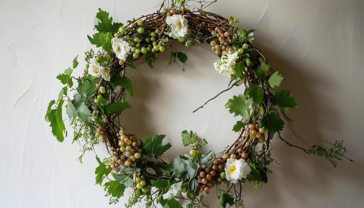 A traditional Greek wedding wreath made of grapevines, flowers and greenery