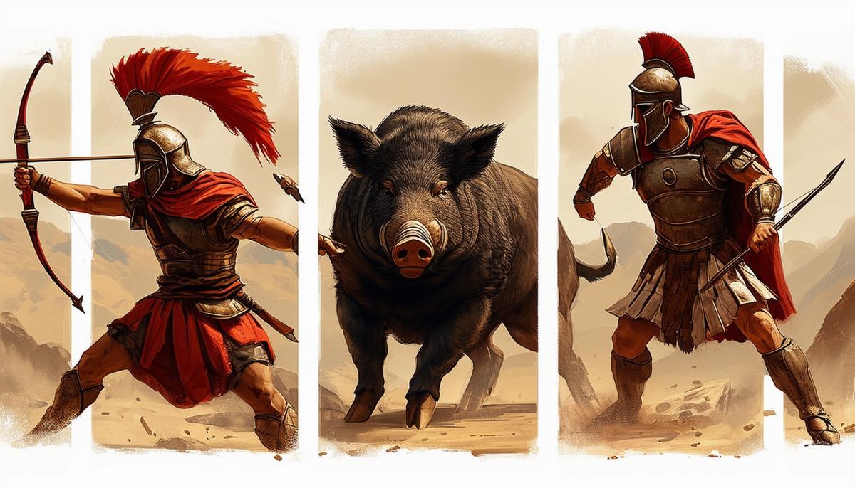 A triptych illustration showing three different strategies for battling the Erymanthian Boar: mercenaries fighting alongside the hero, an archer maintaining distance, and a Spartan warrior engaging in close combat
