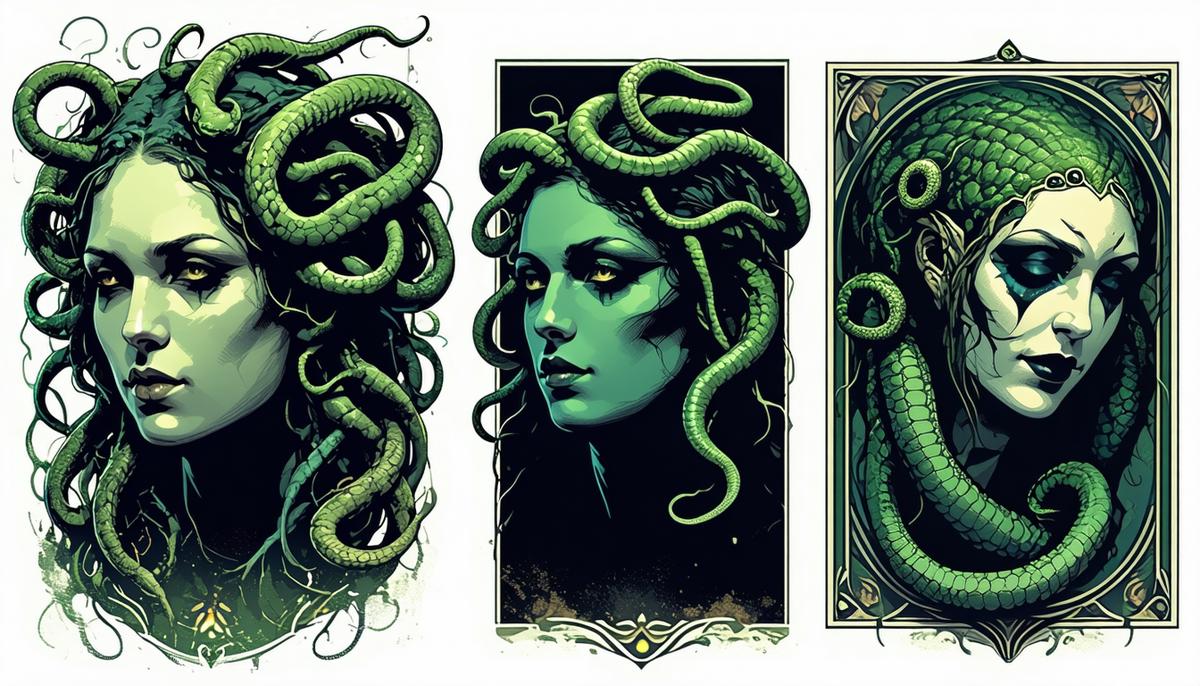 A triptych showing Medusa's evolution from beautiful maiden to gorgon to modern symbol