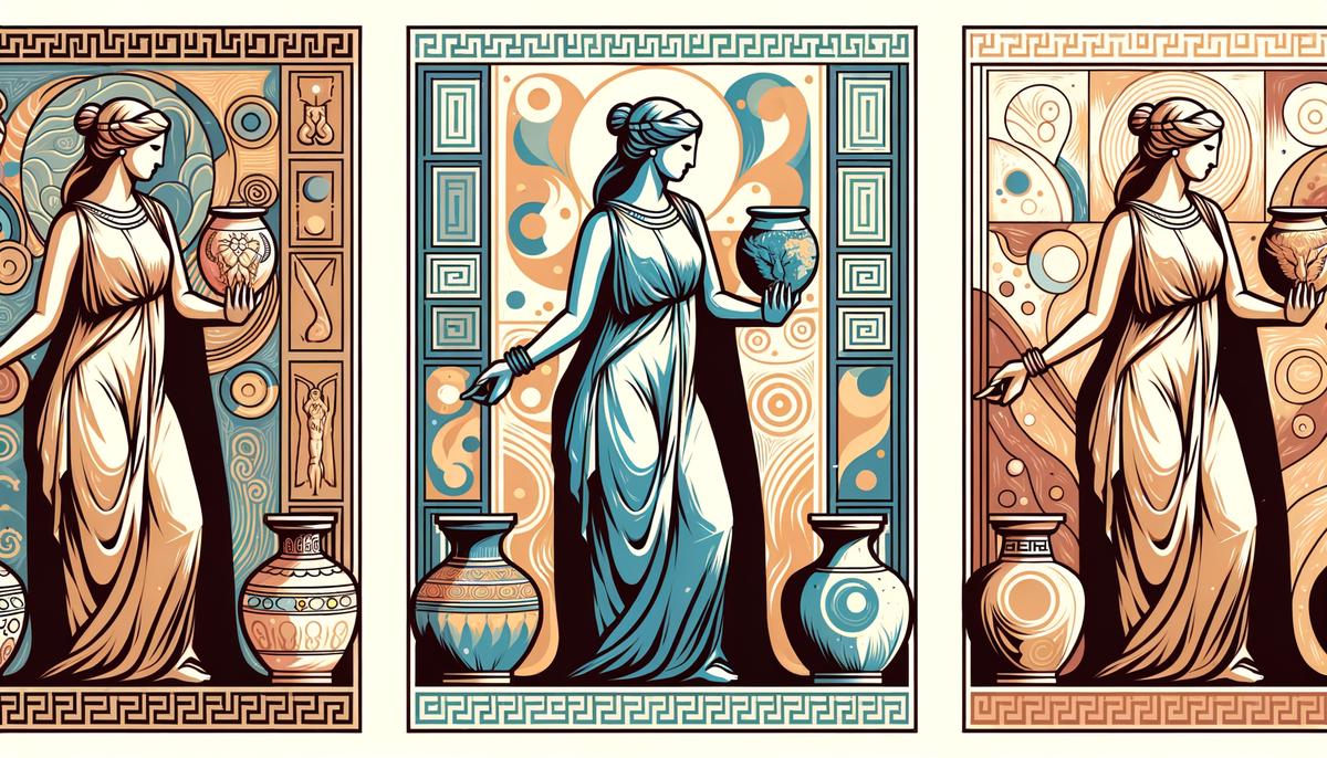A triptych showing Pandora's representation in Ancient Greece, the Renaissance, and modern times
