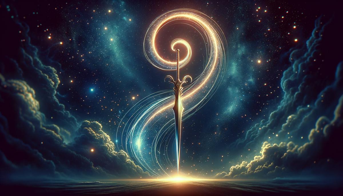 A uniquely curved sword with a celestial glow, held against a starry night sky