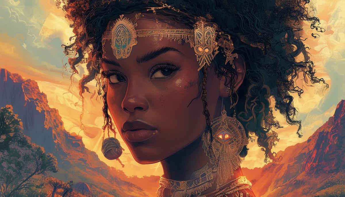 A vibrant depiction of Iambe's mythical origins, showcasing her connection to the gods Pan, Echo, and Hermes, set against a backdrop of rustic wilderness and divine echoes