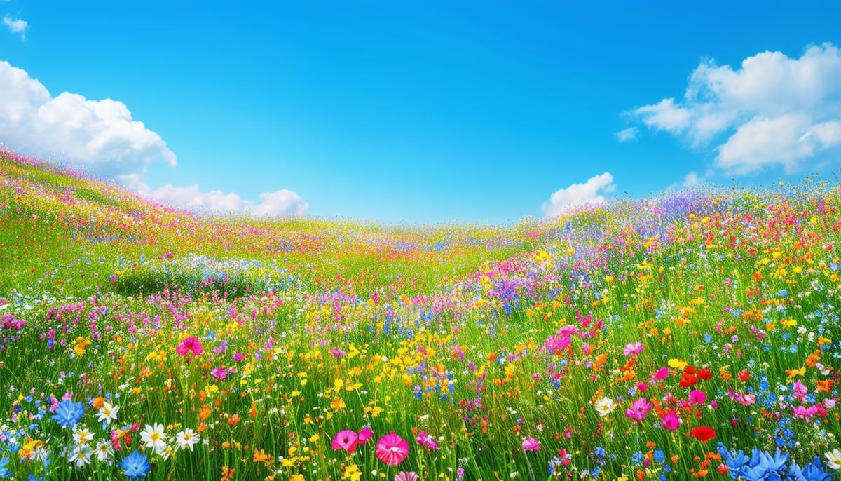 A vibrant spring meadow bursting with colorful wildflowers and lush greenery under a blue sky