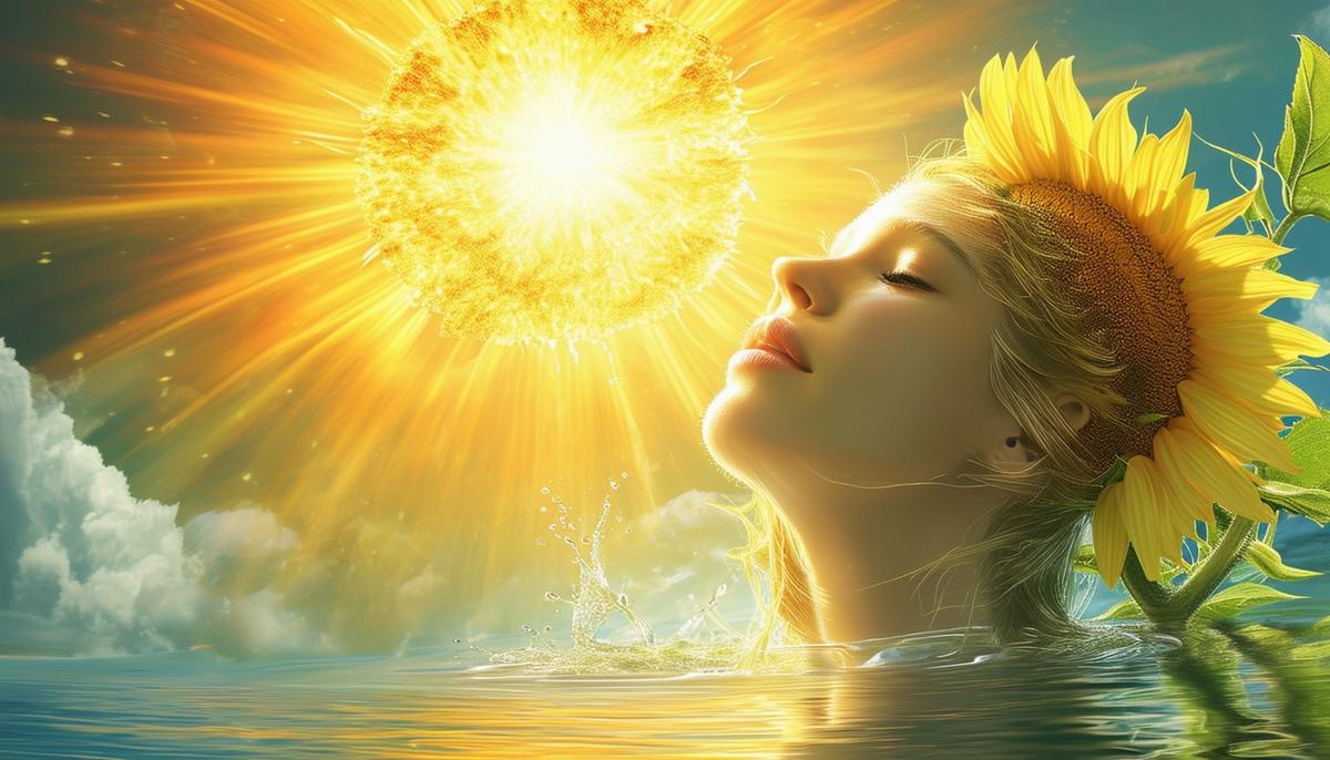 A water nymph transforming into a sunflower, her face turned towards a radiant sun in the sky