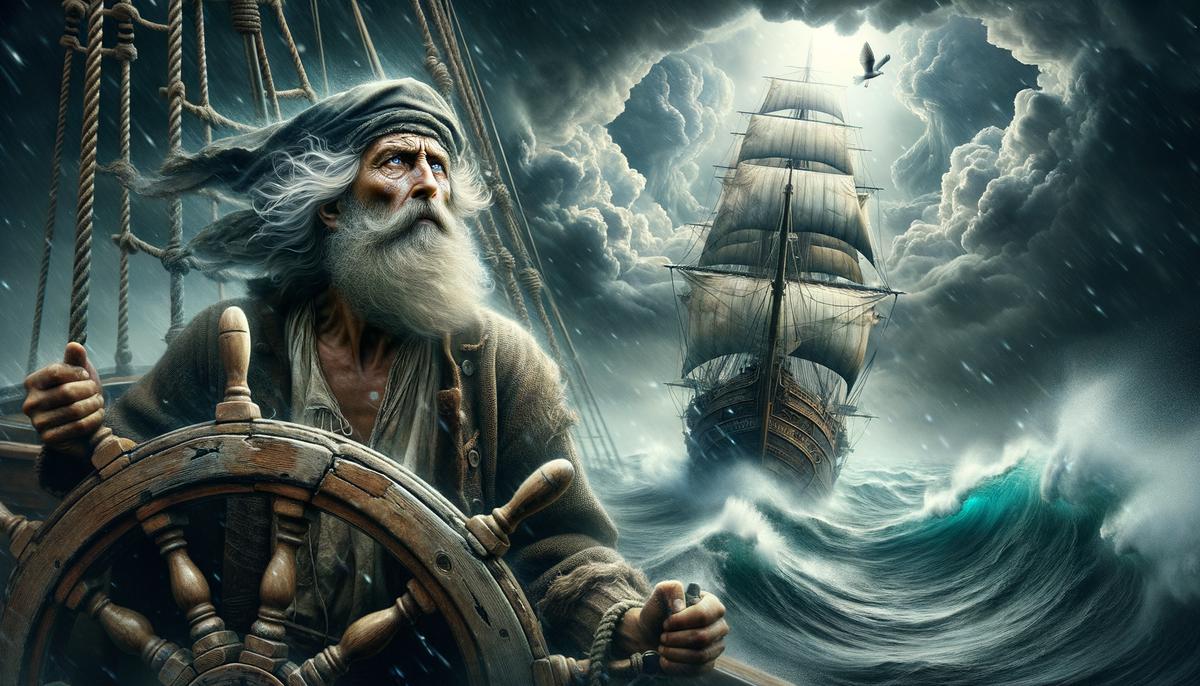 A weathered old sea captain at the helm of his ship, surrounded by a raging storm, with a gentle breeze representing Lipse's intervention guiding him to safety