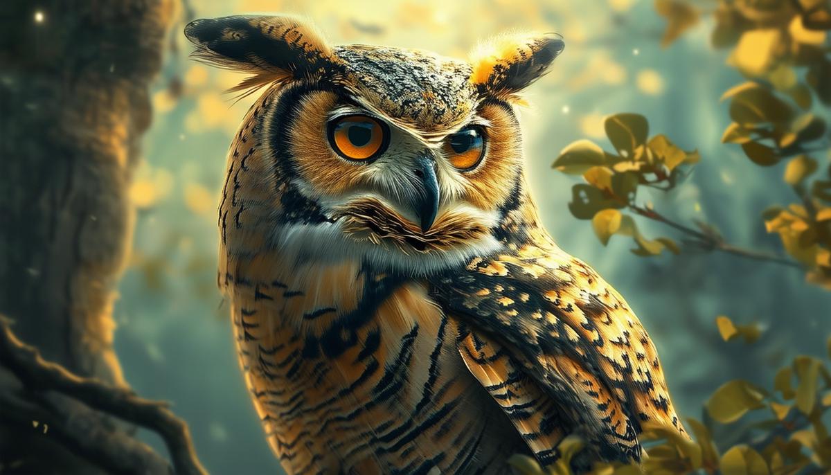 A wise and attentive owl perched on a branch, symbolizing Athena's wisdom, strategic thinking, and ability to see what others cannot. The owl's keen eyes reflect Athena's capacity for insight and enlightenment.