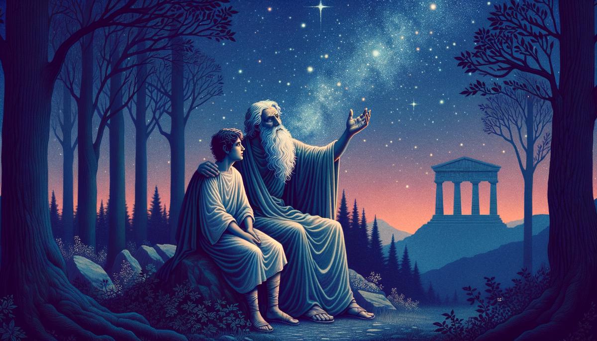 A wise centaur teaching a young Greek hero, symbolizing the duality of wisdom and wildness