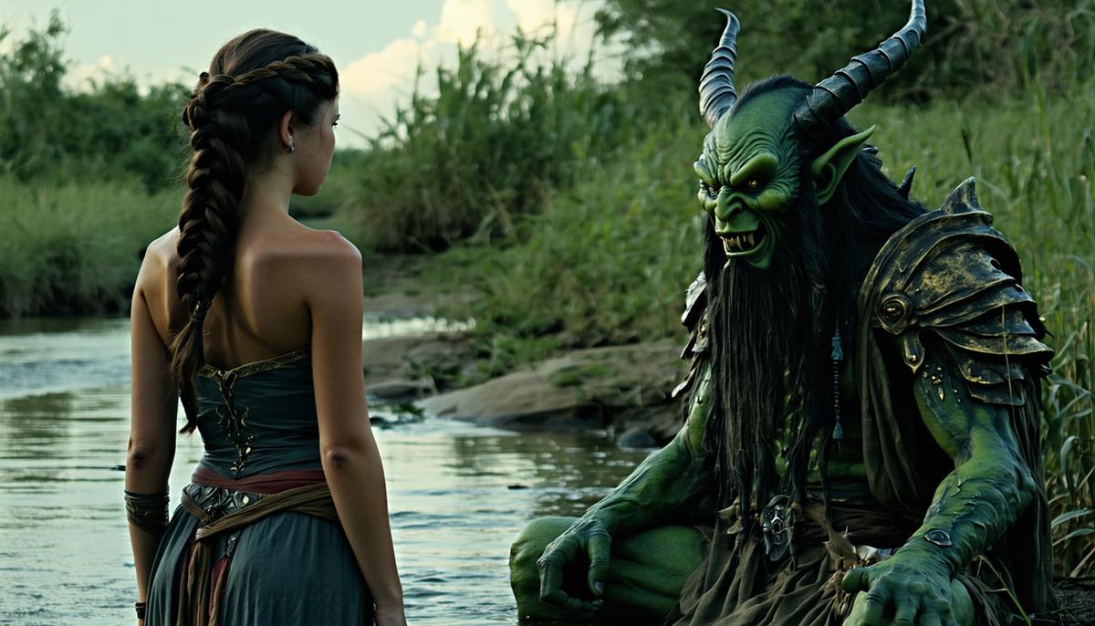 A woman by a river encountering a disguised sea god
