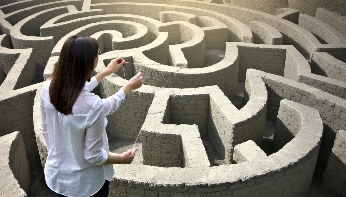 A woman holding a thread leading into a complex labyrinth