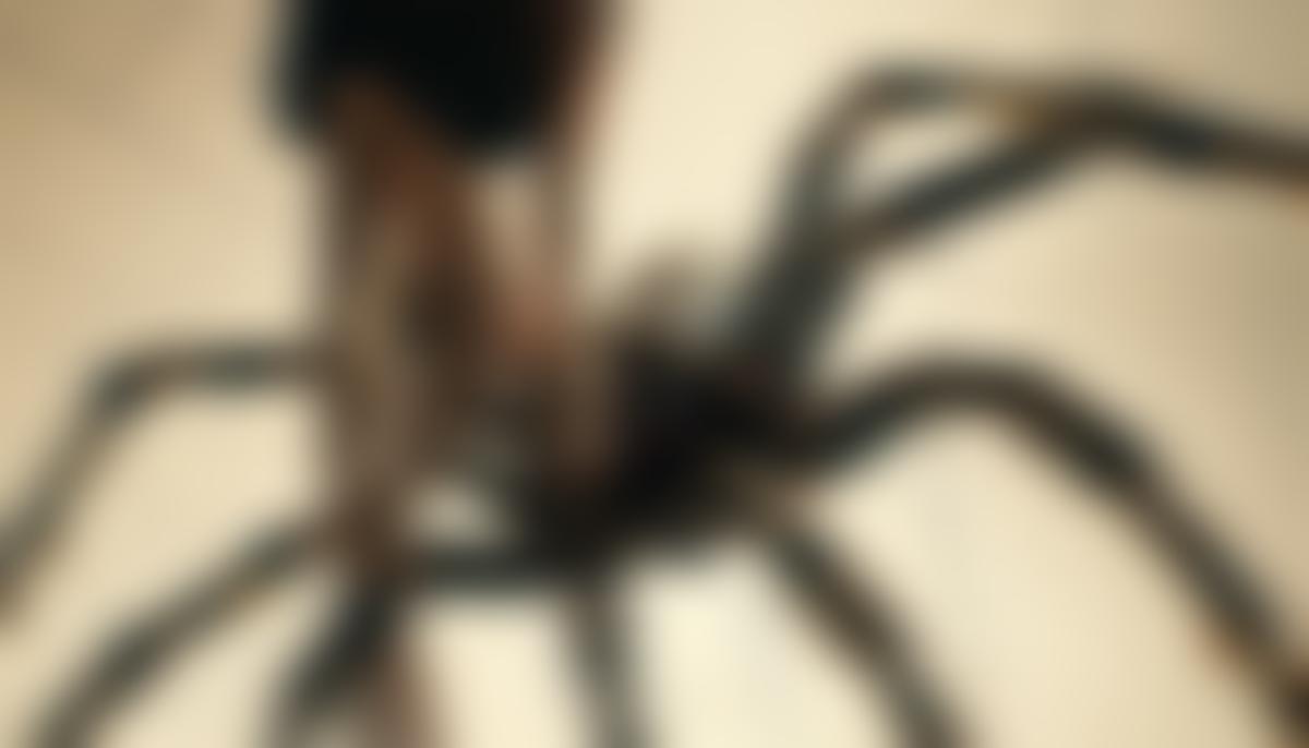 A woman transforming into a spider, with her lower body becoming arachnid while her upper body remains human