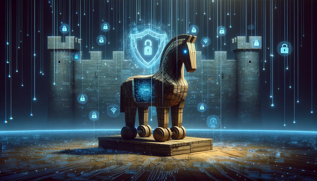 A wooden Trojan horse filled with computer code breaching a digital fortress