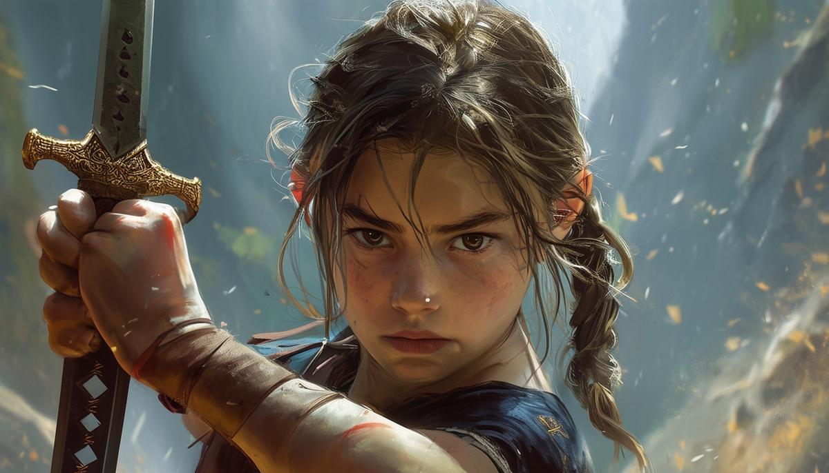 A young Elliúna training with a sword, determination in her eyes as she hones her skills