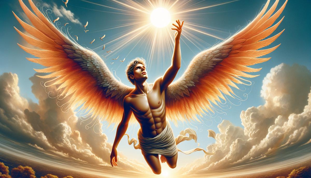 A young man with wax wings flying towards the sun