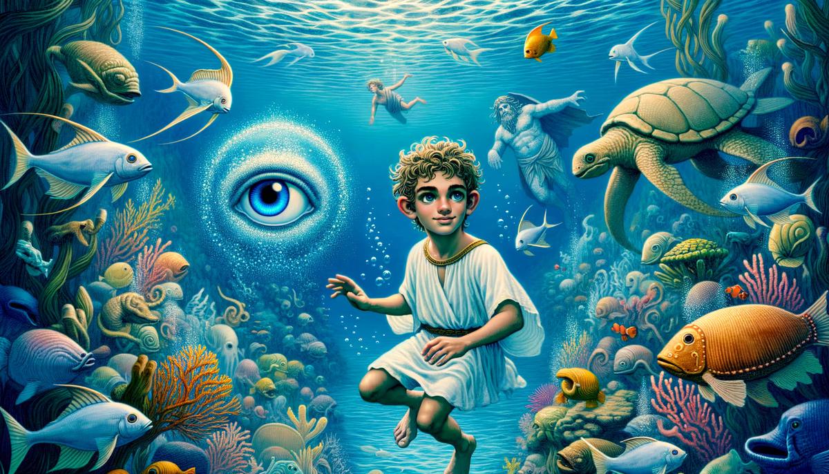 A young Polyphemus laughing and playing with sea creatures in the vast ocean.