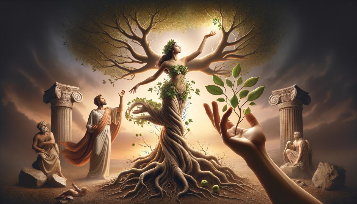 A young woman mid-transformation into a laurel tree, her arms becoming branches and leaves sprouting from her fingertips