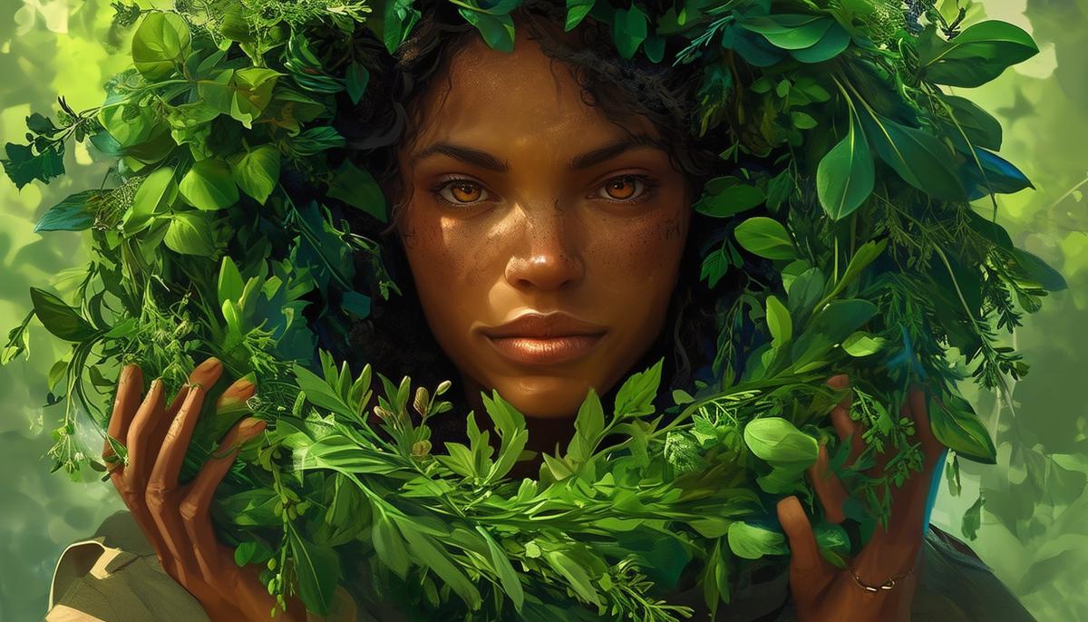 Aceso wearing a herbal wreath that cradles verdant lushness, underscoring restoration and healing