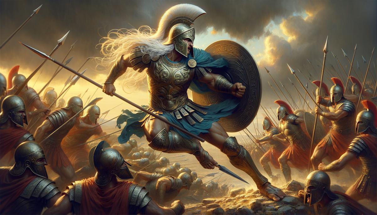 Achilles charging into battle during the Trojan War, his armor gleaming and his expression fierce