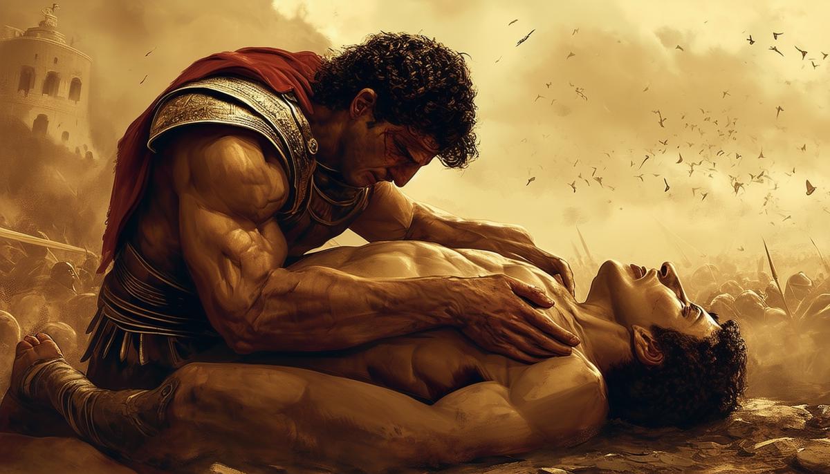 Achilles cradling the lifeless body of Patroclus on the battlefield of Troy, his face etched with grief and anguish, symbolizing the depth of their friendship and the profound impact of Patroclus' loss on Achilles.