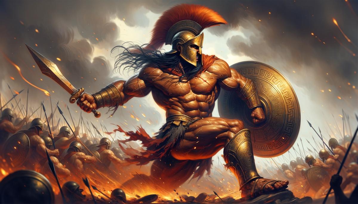 Achilles in battle during the Trojan War, his heel subtly highlighted as his weakness