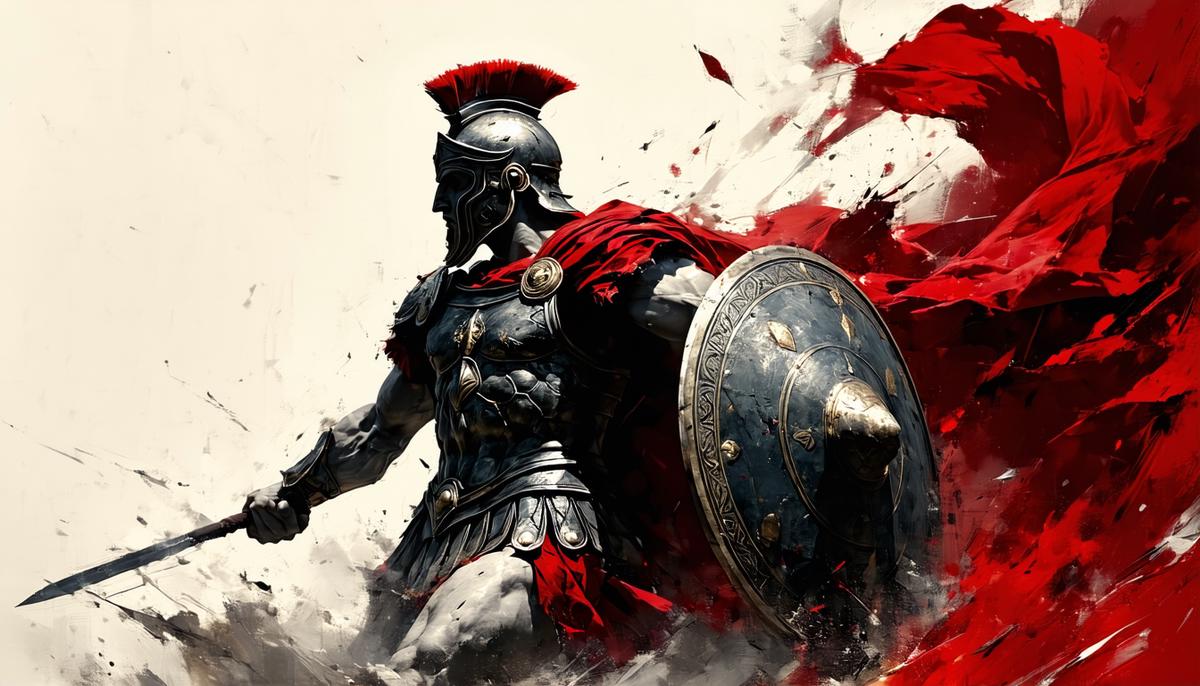 Achilles in battle, with a subtle focus on his heel, representing mortality's limitations