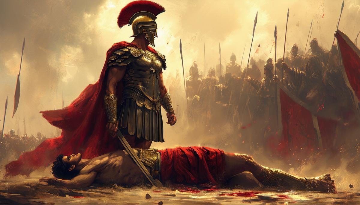 Achilles standing over the fallen body of Hector after their duel