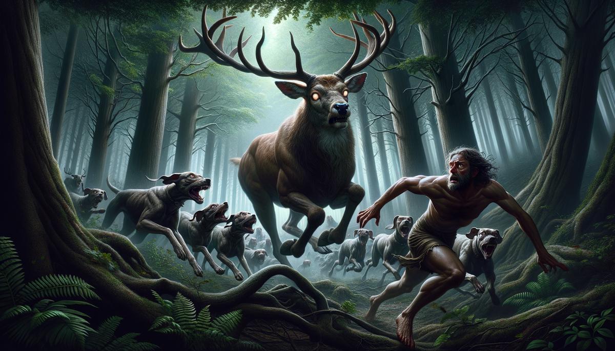 Actaeon, transformed into a stag as punishment for seeing Artemis bathing, being pursued by his own hunting dogs who no longer recognize him.