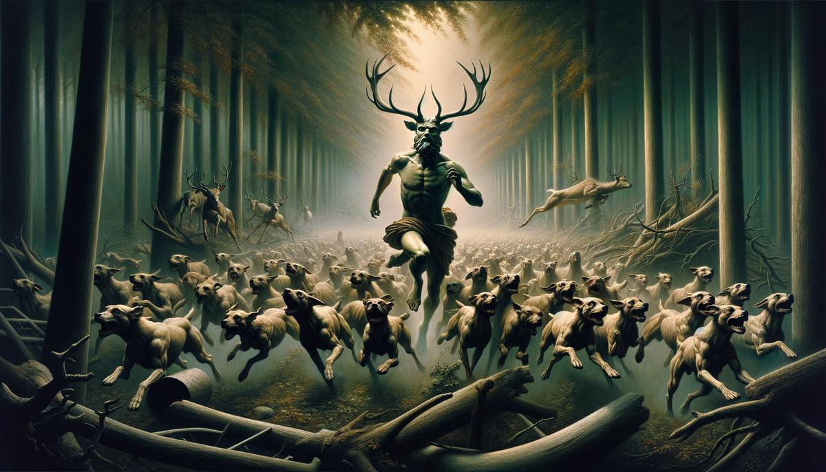 Actaeon, transformed into a stag, fleeing through the forest as his own hunting dogs chase him, not recognizing their master in his new form.