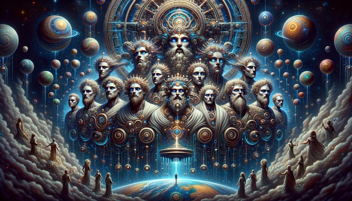 Advanced alien beings resembling Greek gods observing Earth from space