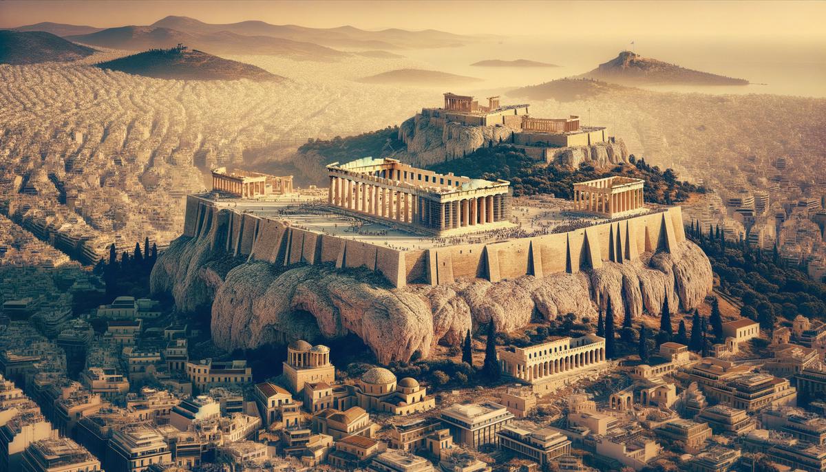 Aerial view of the Acropolis in Athens, showcasing the Parthenon and other ancient structures
