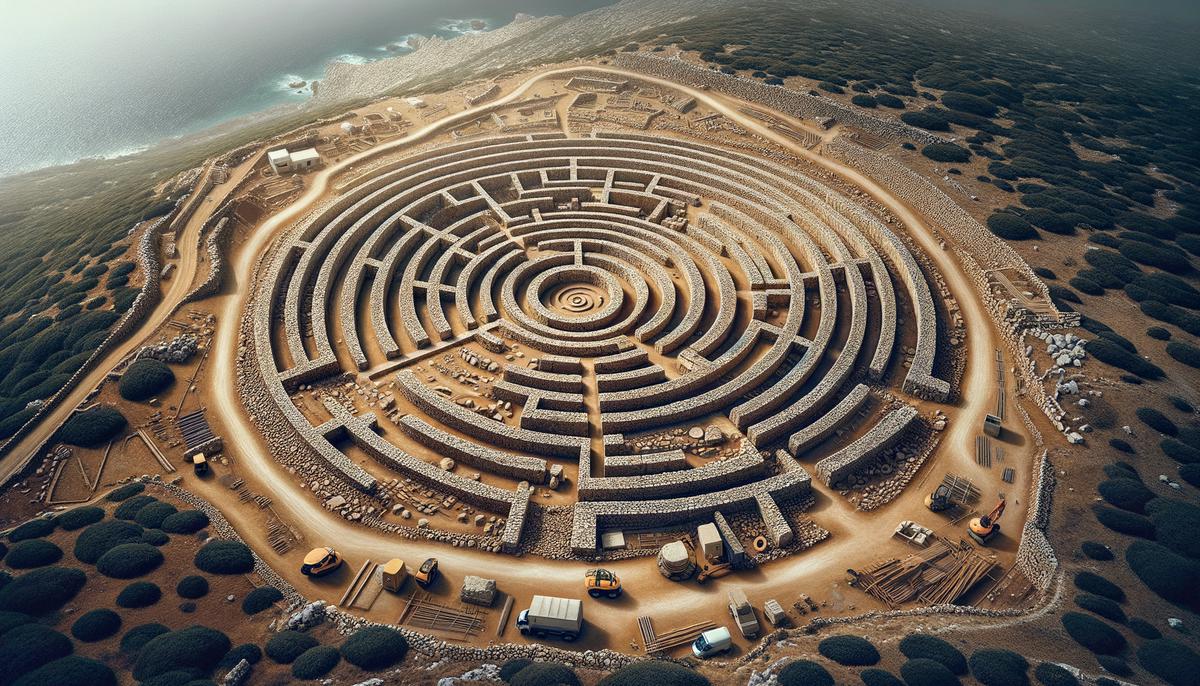 Aerial view of the recently discovered 4,000-year-old circular Minoan structure near Kastelli, Crete, showing its unique labyrinthine design