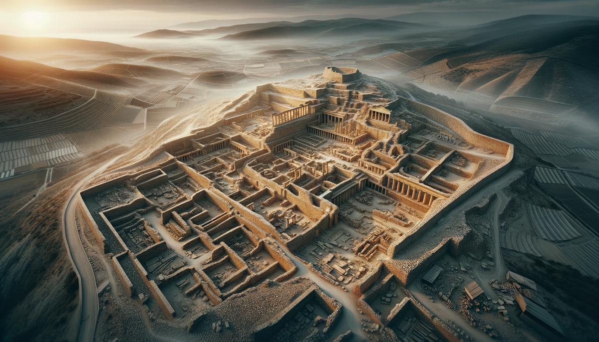 Aerial view photograph of the archaeological site of ancient Troy, showing the remnants of the city walls and buildings