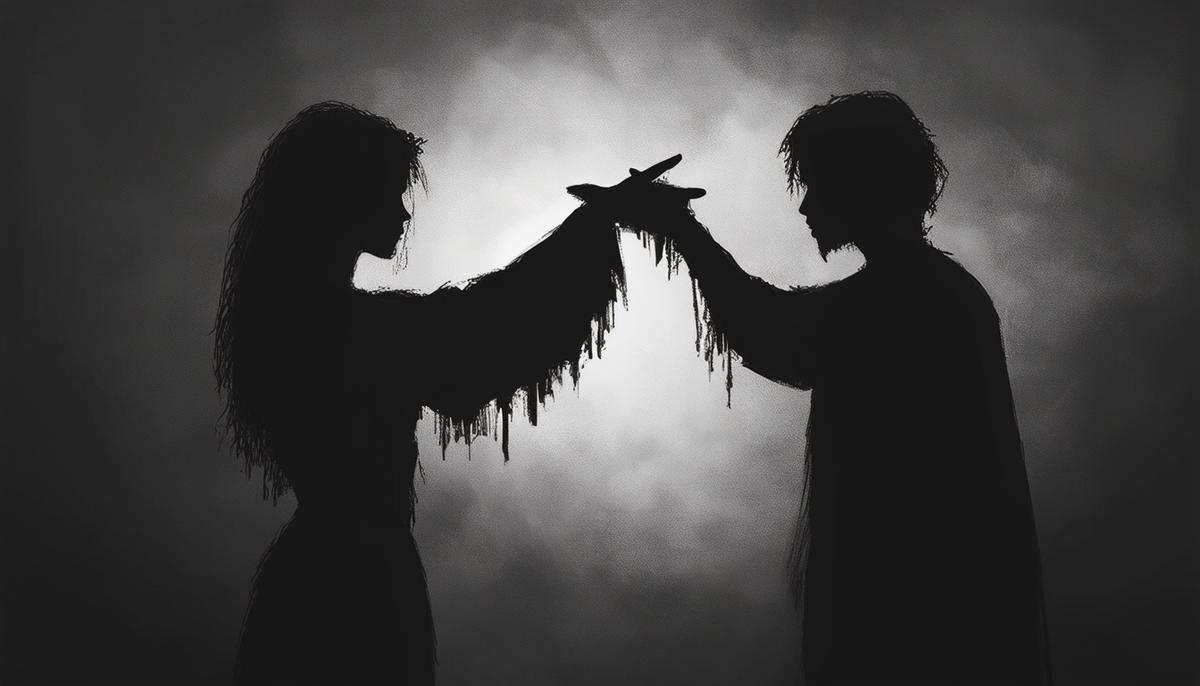 Against a somber backdrop, two shadowy figures, representing the archetypal star-crossed lovers, reach out to each other in desperation, their silhouettes merging into one as a symbol of their tragic, inseparable fate.
