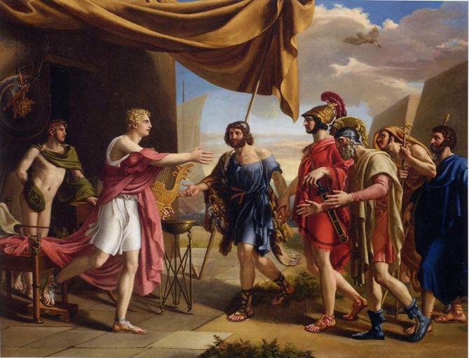 Agamemnon and Achilles in a tense confrontation, illustrating their conflict in the Iliad