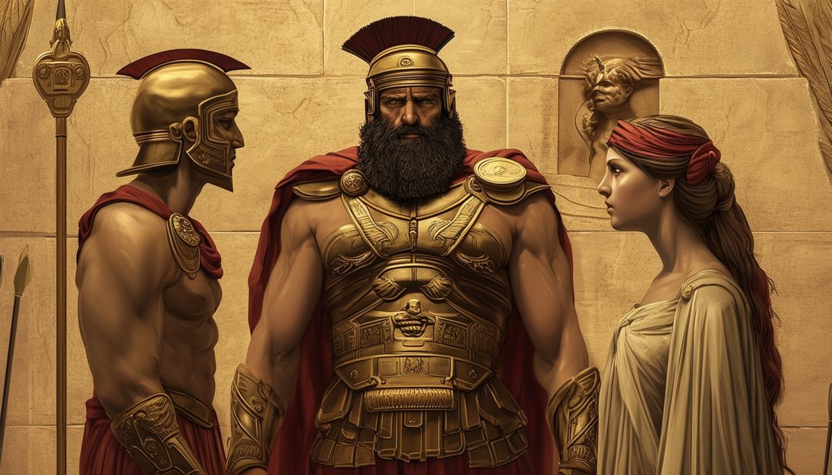 Agamemnon standing between symbols of his army and his daughter, looking conflicted