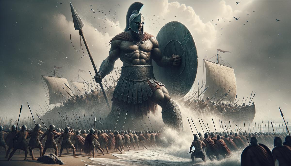 Ajax the Great single-handedly defending Greek ships against Trojan attackers