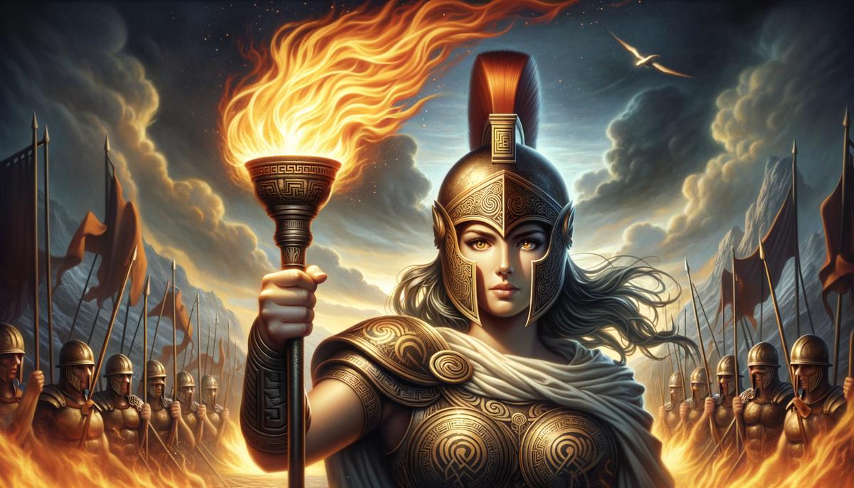 Alala wearing a military helmet and carrying a torch, symbolizing her role in war